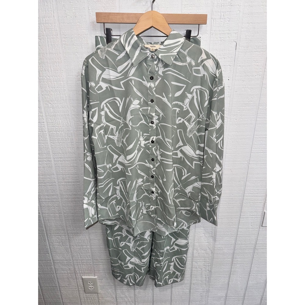 Entro Two Piece Set Women Sage Green Abstract Print Shirt & Wide Leg Pants S